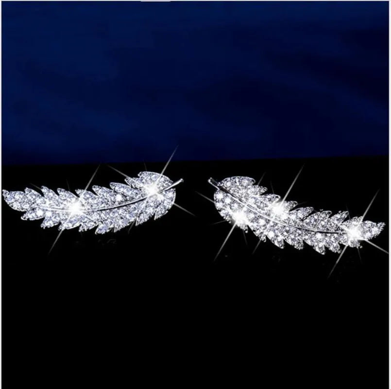Crystal Leaf Feather Ear Climbers