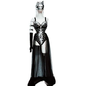 Silver Mirror Sequin Bodysuit & Dramatic Train Skirt Gogo Stage Costume Set