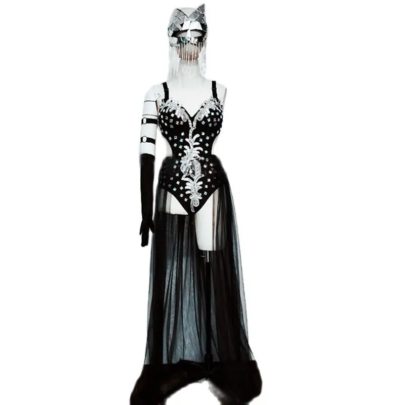 Silver Mirror Sequin Bodysuit & Dramatic Train Skirt Gogo Stage Costume Set
