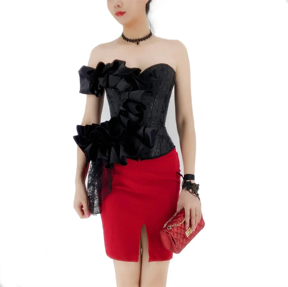 Victorian Ruffle Floral Lace Overbust Corset Bustier Body Shaper Top