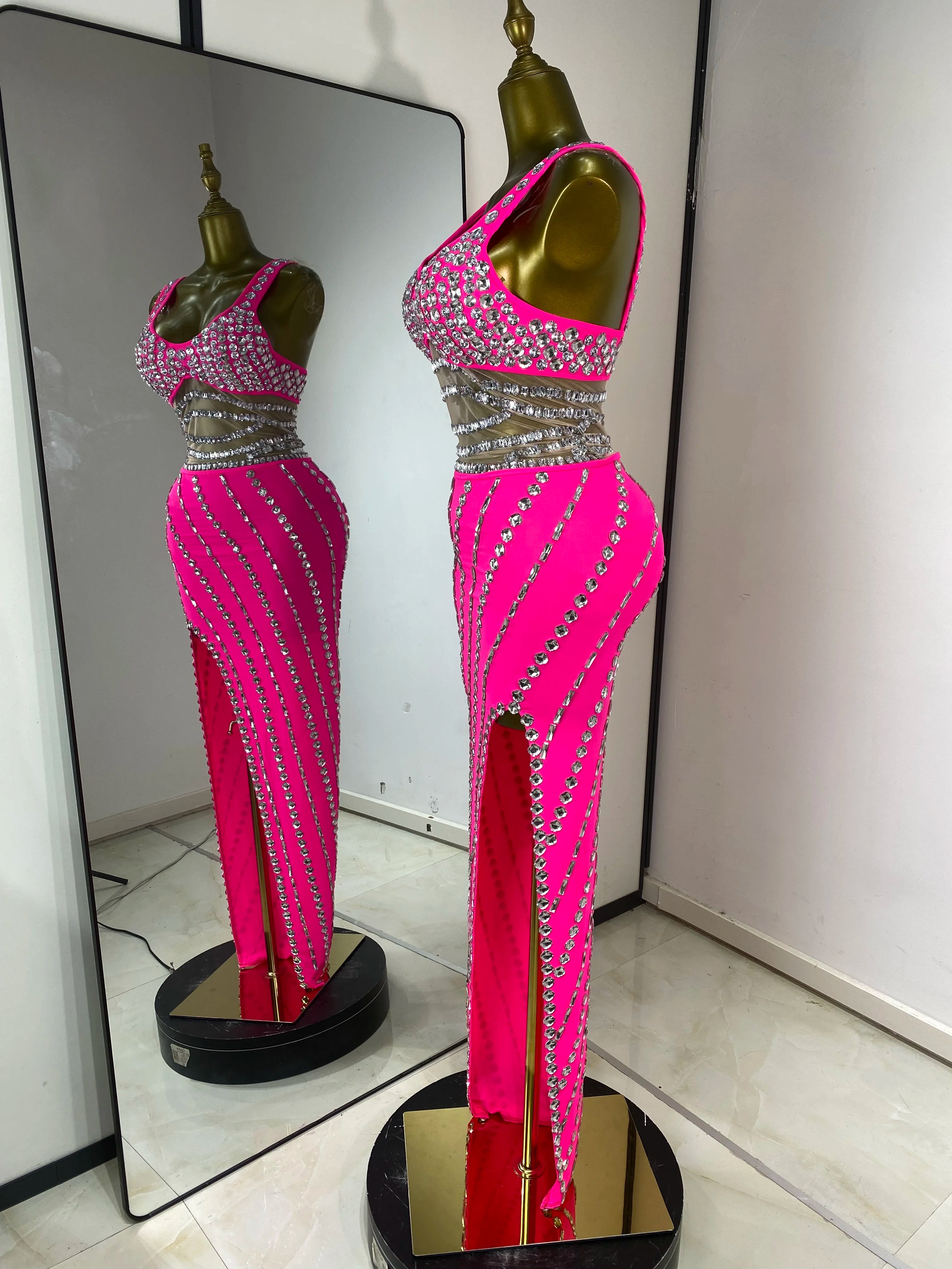 Hot Pink Rhinestone & Tulle Inset Open-Leg Maxi Evening Gown