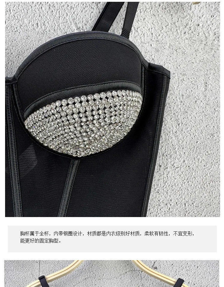Rhinestone Mesh Denim Bustier Corset Crop Top Push-Up Party Bralette