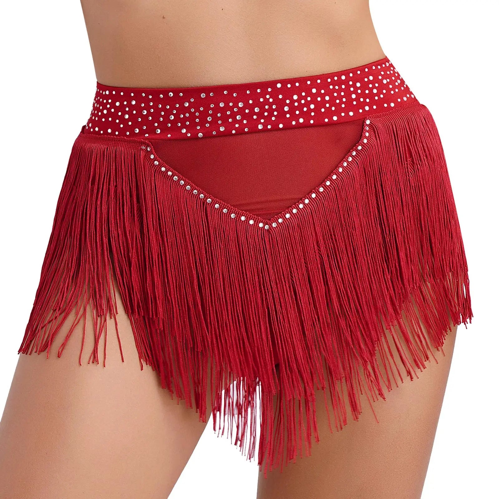 Rhinestone Tassel High-Waist Dance Shorts & Sheer Mesh Fringe Skirt