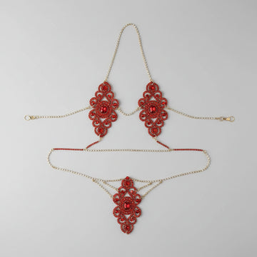 Exaggerated Red Rhinestone Floral Body Chain & Chest Harness Set