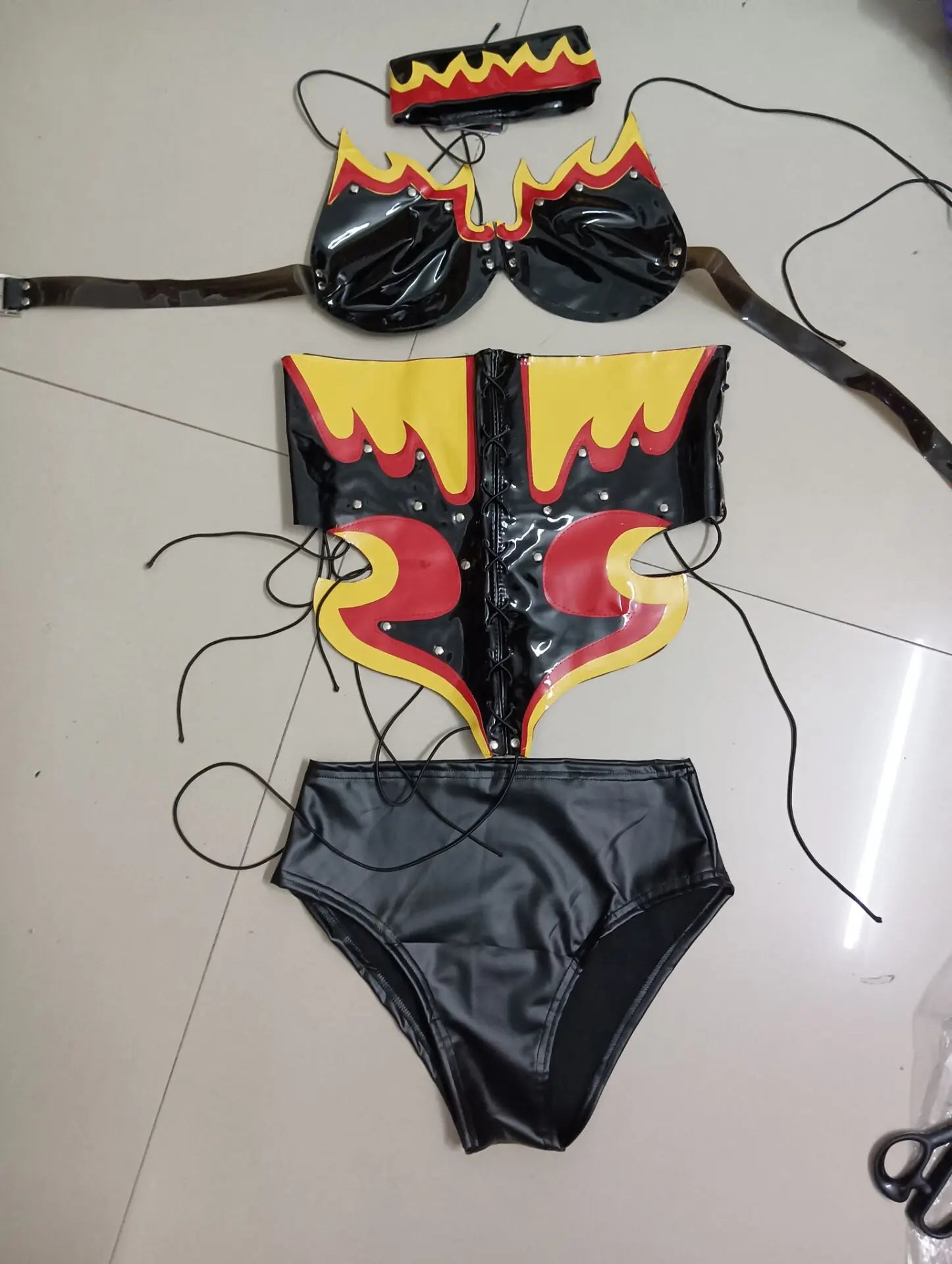 PU Leather Flame Bikini, Collar & Harness Shorts 3-Piece Gogo Performance Costume Set
