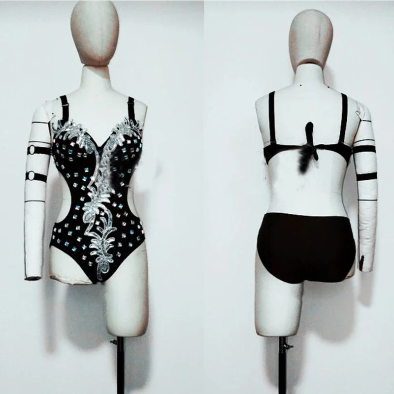 Silver Mirror Sequin Bodysuit & Dramatic Train Skirt Gogo Stage Costume Set