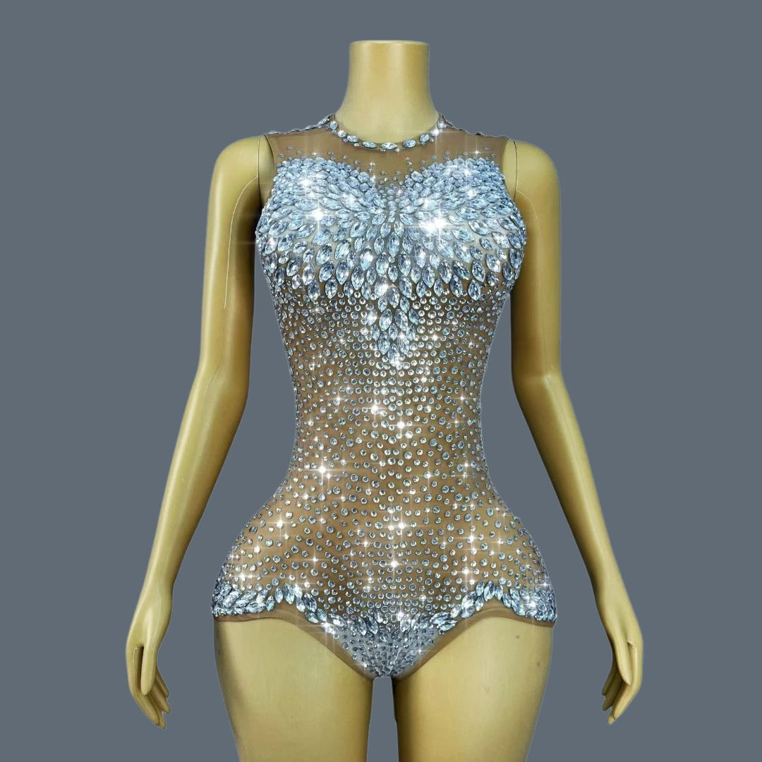Sparkly Rhinestone Sheer Mesh Bodysuit Backless Stage Costume Leotard
