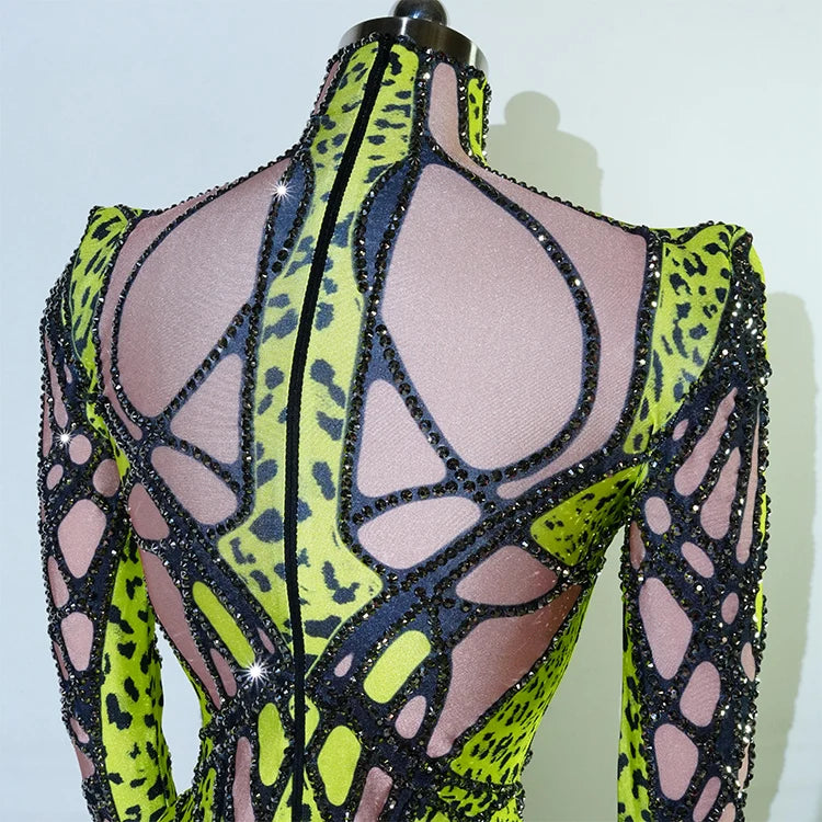 Futuristic Cyber Armor Rhinestone Bodysuit Mock Neck Sleeveless Stage Dance Costume