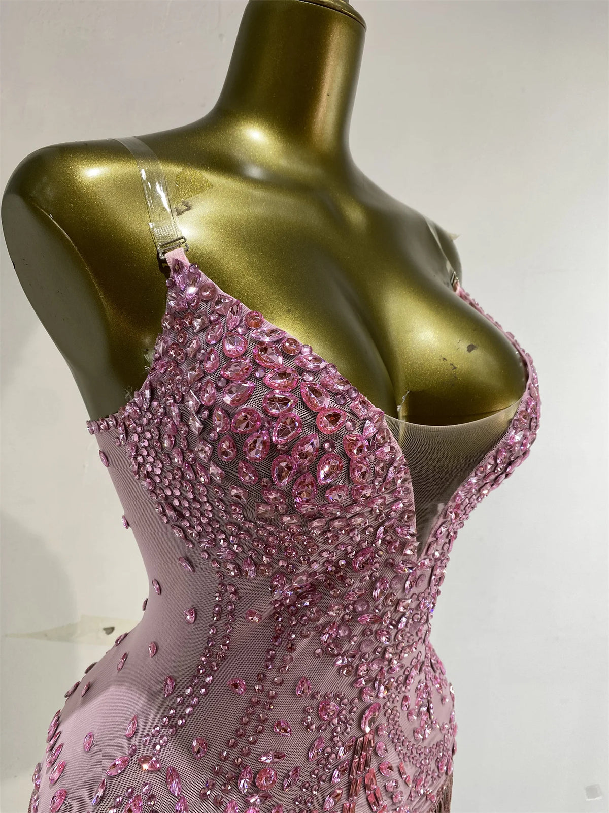 Vintage-Inspired Shiny Rhinestones Tassel Mesh Bodysuit Costume Set