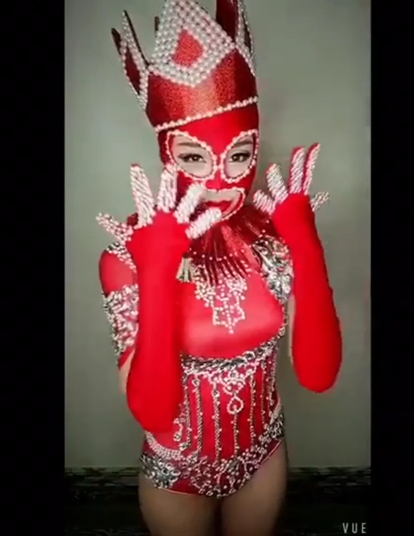Pearl Rhinestone Bodysuit, Beaded Headpiece & Gloves 3-Piece Stage Costume Set