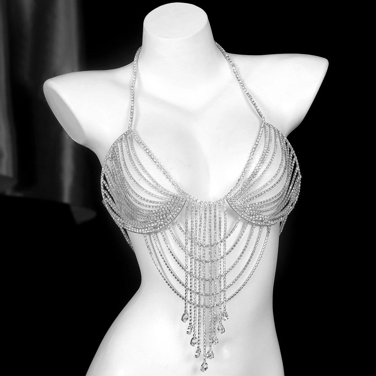Layered Teardrop Rhinestone Tassel Chest Chain