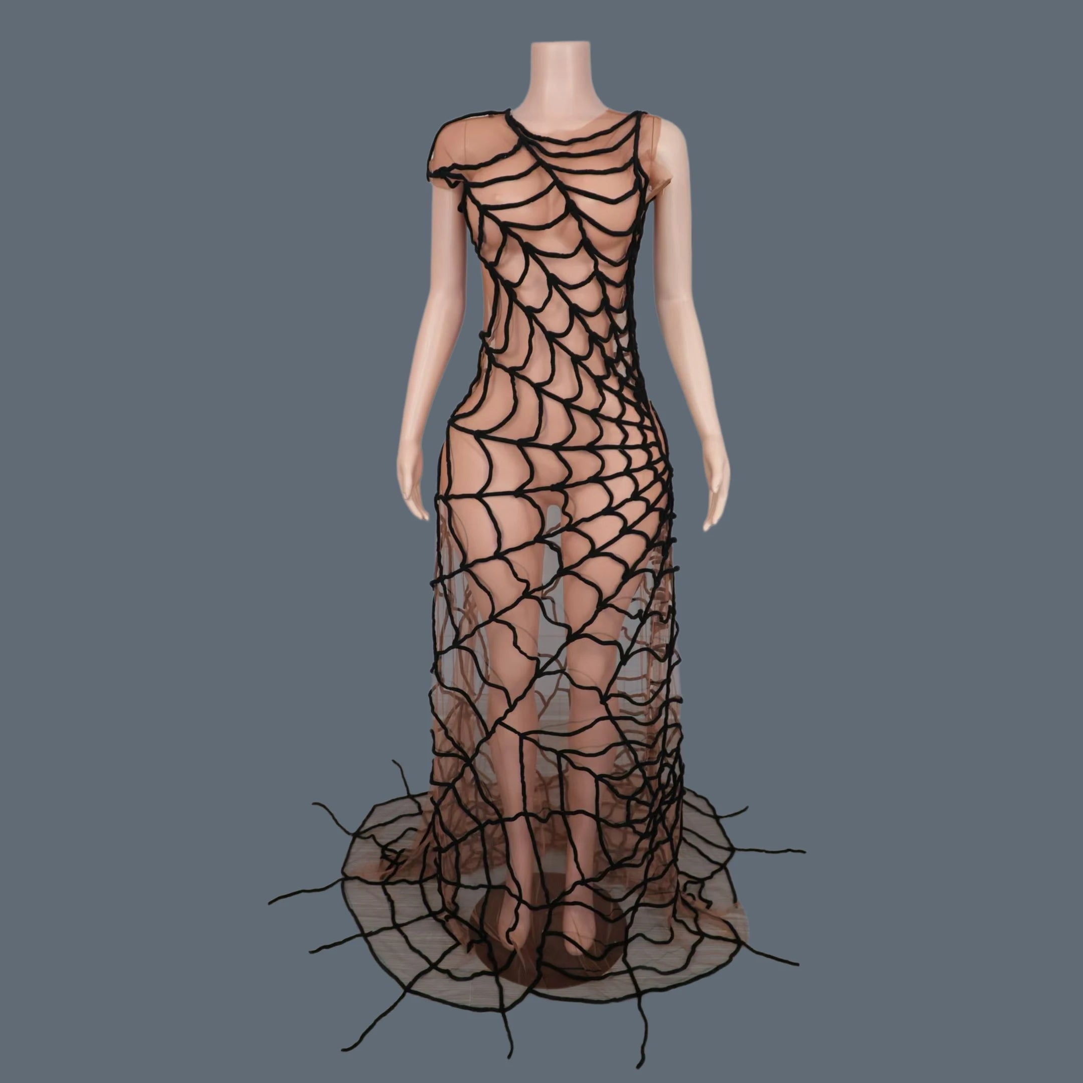 Dramatic Spider Web Crystal Mesh Floor-Length Sheath Dress Stage Costume