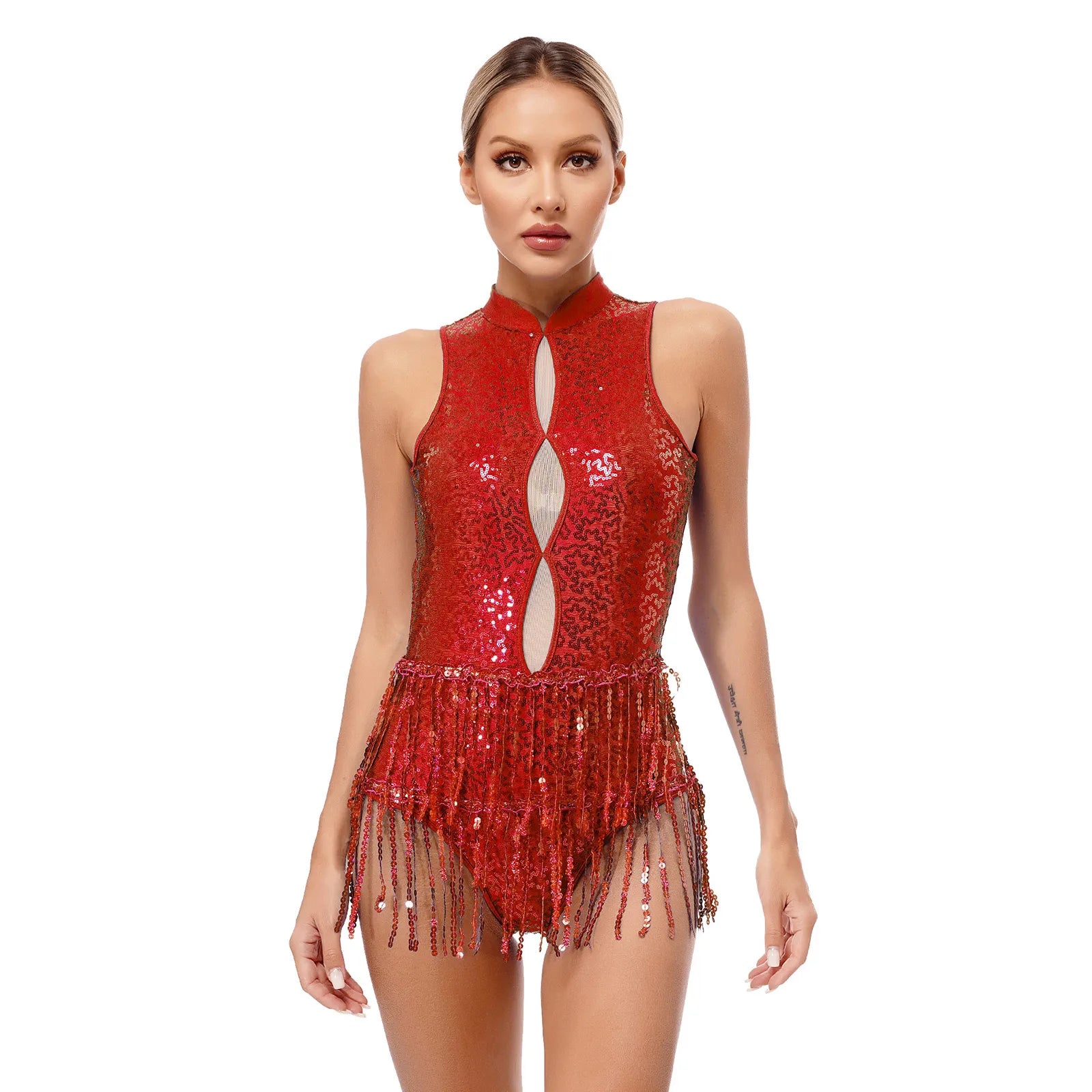Glitter Sequin Fringe Latin Dance Leotard & Backless Performance Bodysuit