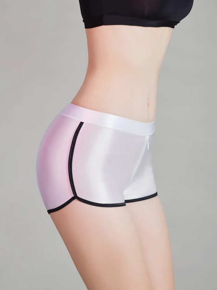Sexy Women Zipper Open Crotch Yoga Elasitc Shorts Stain Smooth Oil Glossy Shiny Tight Casual See Through Beachwear Fitness Short
