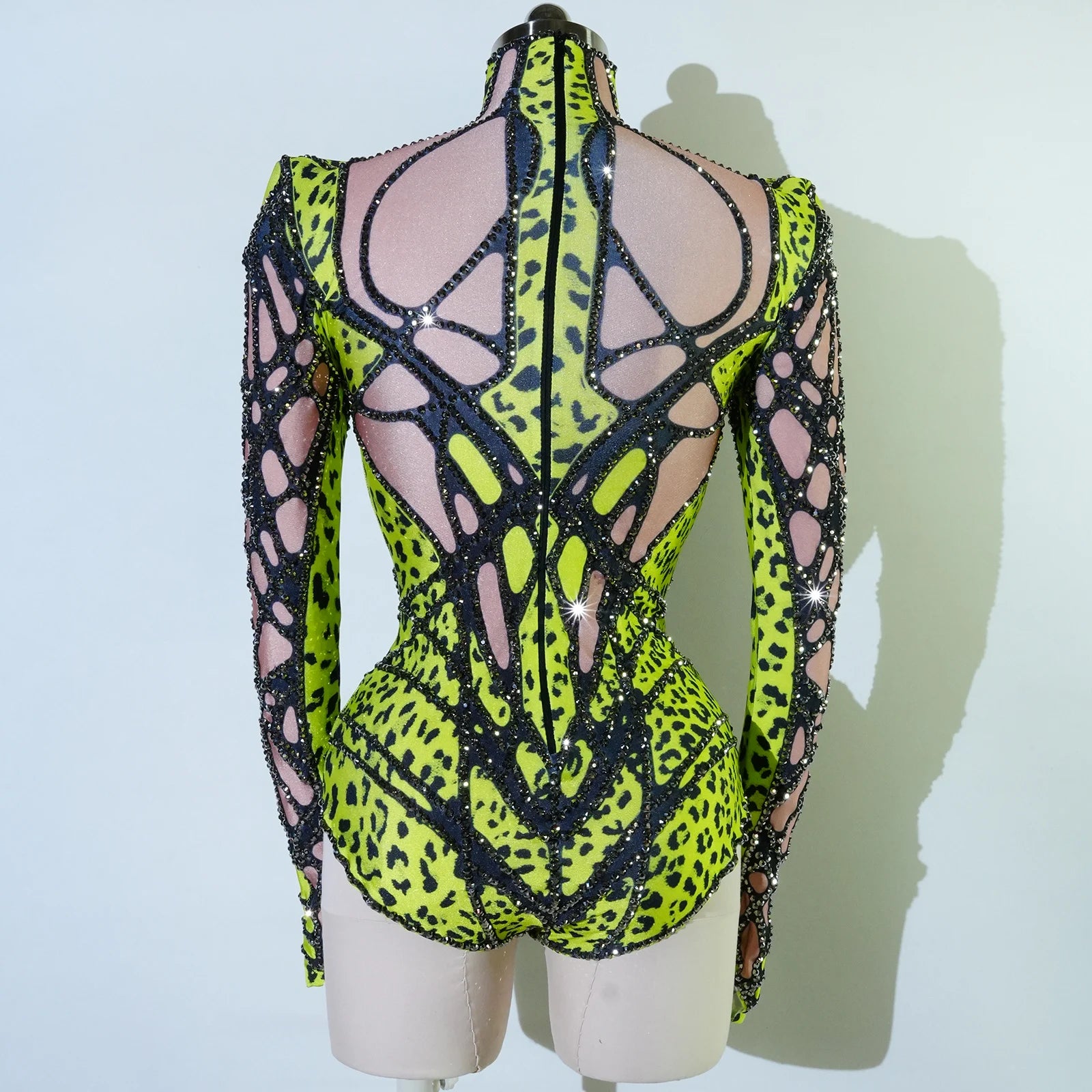 Futuristic Cyber Armor Rhinestone Bodysuit Mock Neck Sleeveless Stage Dance Costume