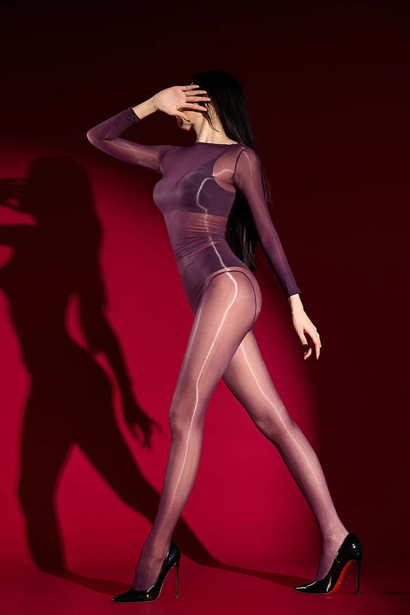 Women 3D 1000 Pin High Density Bodysuit Oil Glossy Shiny Elastic Tights Open Crotch Yoga Shaping Jumpsuit Maid Leotard Leggings