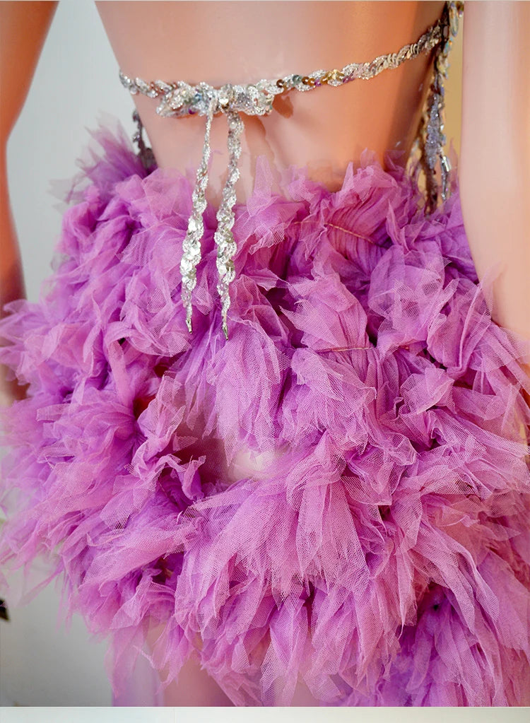 Purple Spiderweb Rhinestone Halter Bodysuit & Trailing Ruffle Tulle Skirt 2-Piece Stage Costume Set