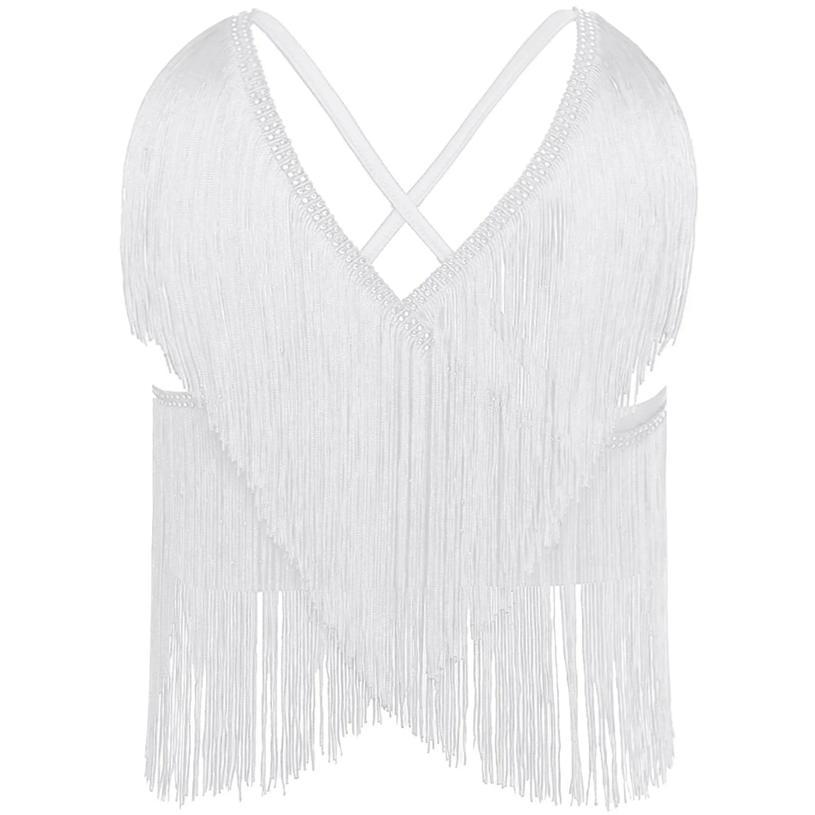 V-Neck Crisscross Back Tassel Fringe Crop Top Latin Salsa Dance Costume