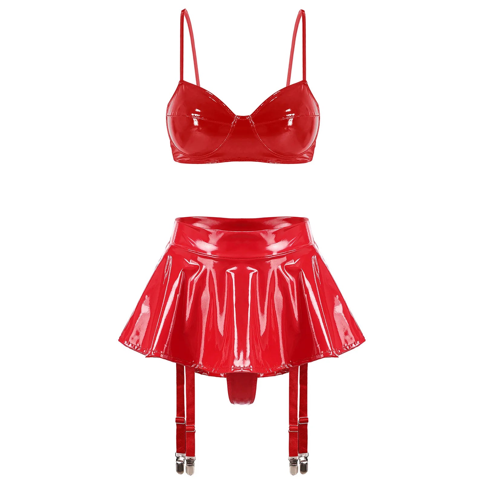 Wet Look PU Leather Bra Top & Ruffled Miniskirt Set with Garter Clips