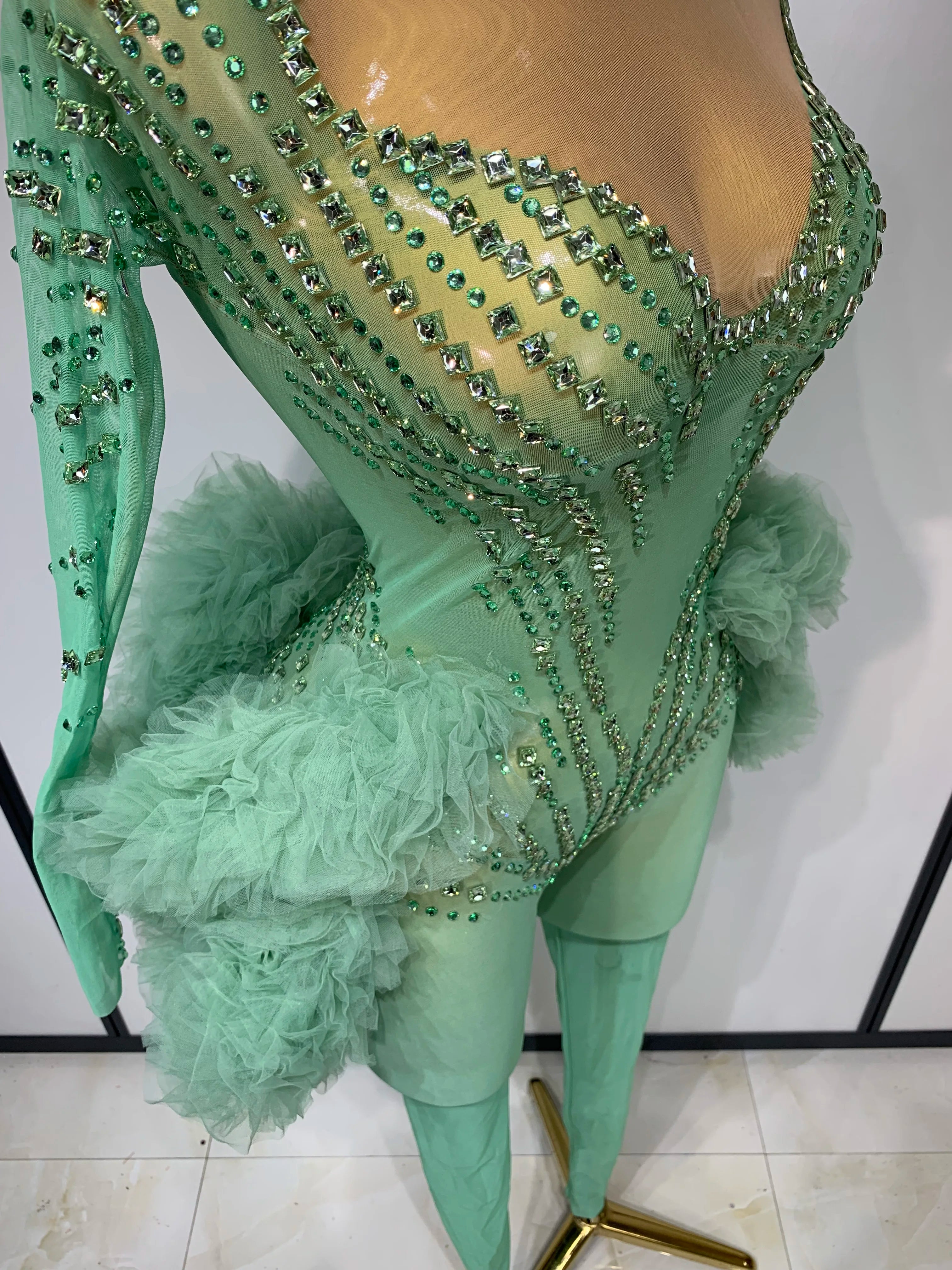 Luxury Green Diamonds Mesh See-Through Long Sleeve Jumpsuit Stage Performance Costume