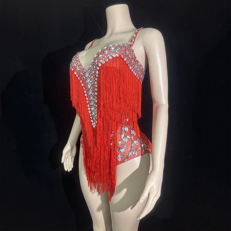 Custom Fringe Rhinestone Bodysuit & Stage Performance Dance Costume
