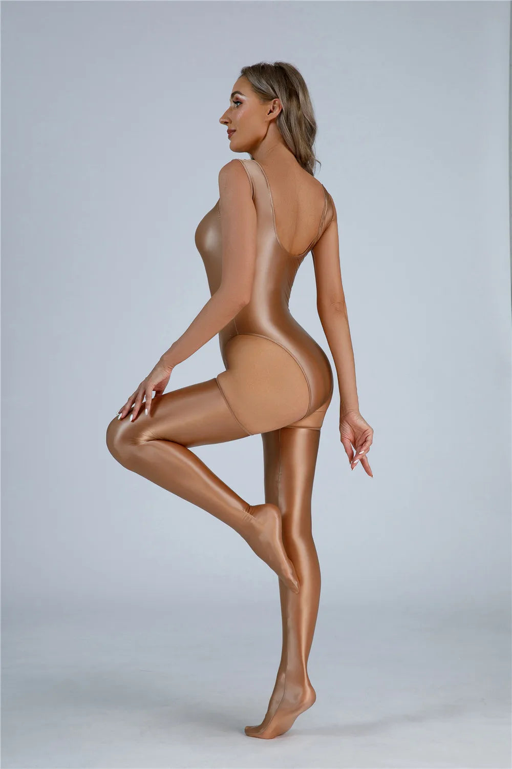 Backless High-Cut Oil Glossy Sheer Bodysuit & Matching Stockings Set