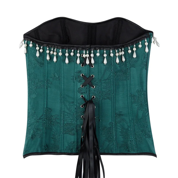 Green Floral Jacquard Overbust Corset Pearl Tassel Trim Bustier Top
