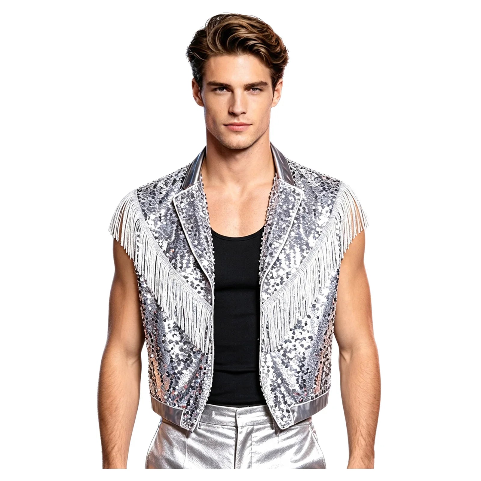 Men's Metallic Sequin Tassel Open-Front Vest Lapel Collar Sleeveless Stage Dance Waistcoat