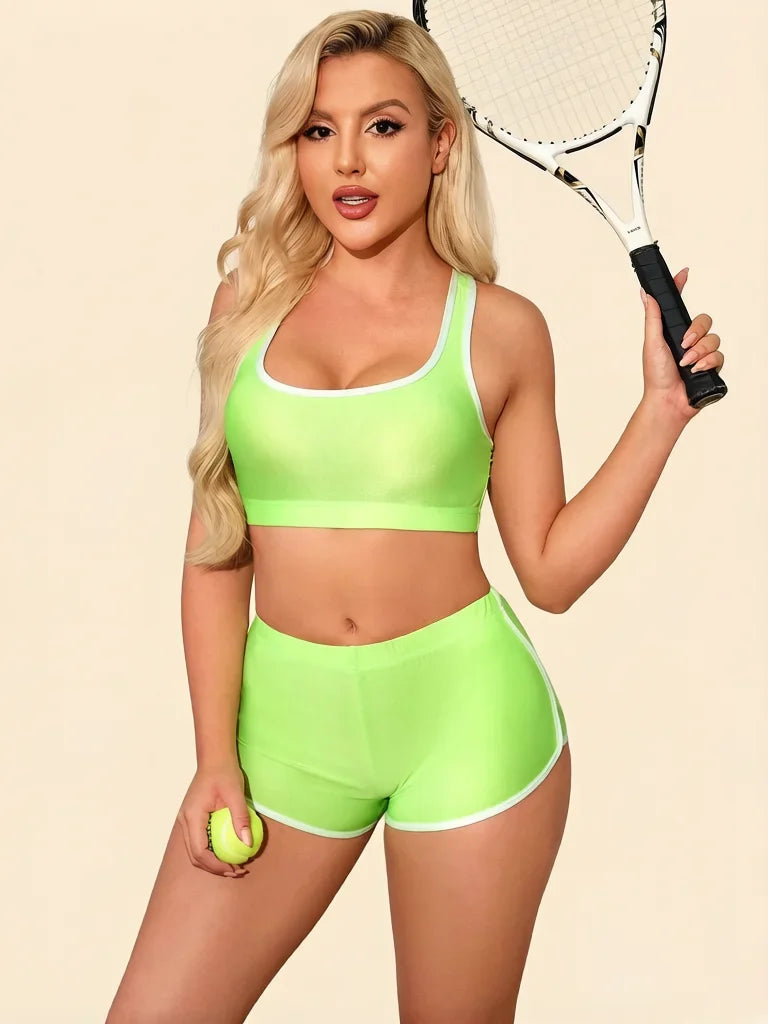 Metallic High-Stretch Crop Tank & Shaping Shorts 2-Piece Activewear Set