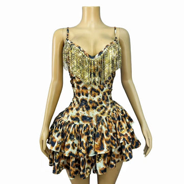 Leopard Print Crystal Sling Showgirl Mini Dress – Glamour Stage Performance Costume