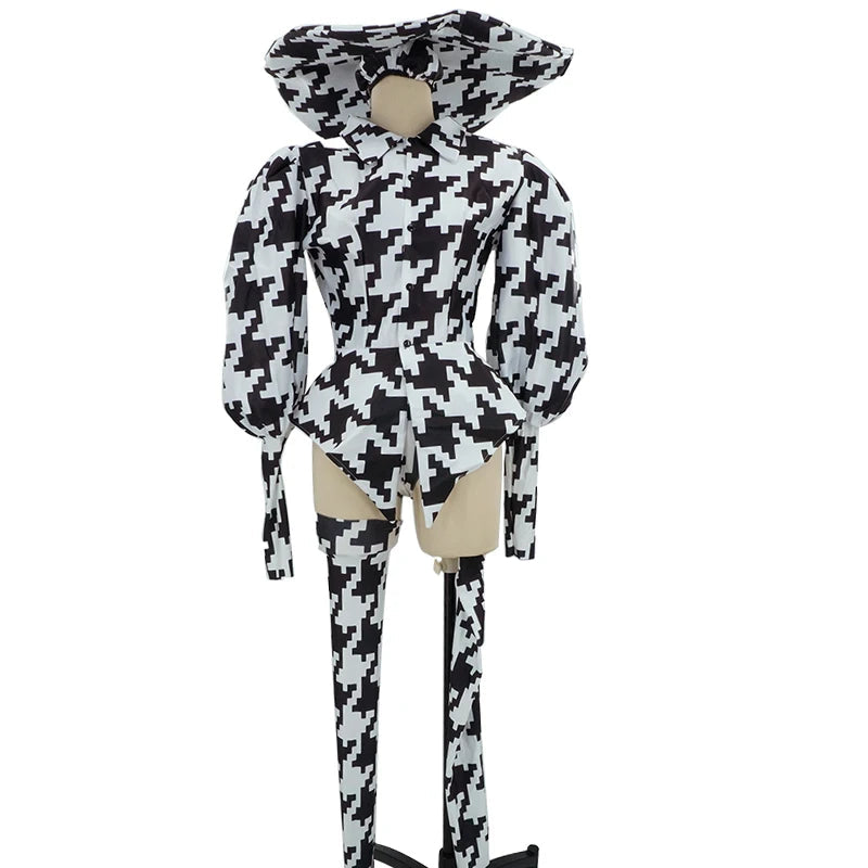 Houndstooth Geometric Print Bodysuit, Over-Knee Boots & Statement Hat 3-Piece Stage Costume Set