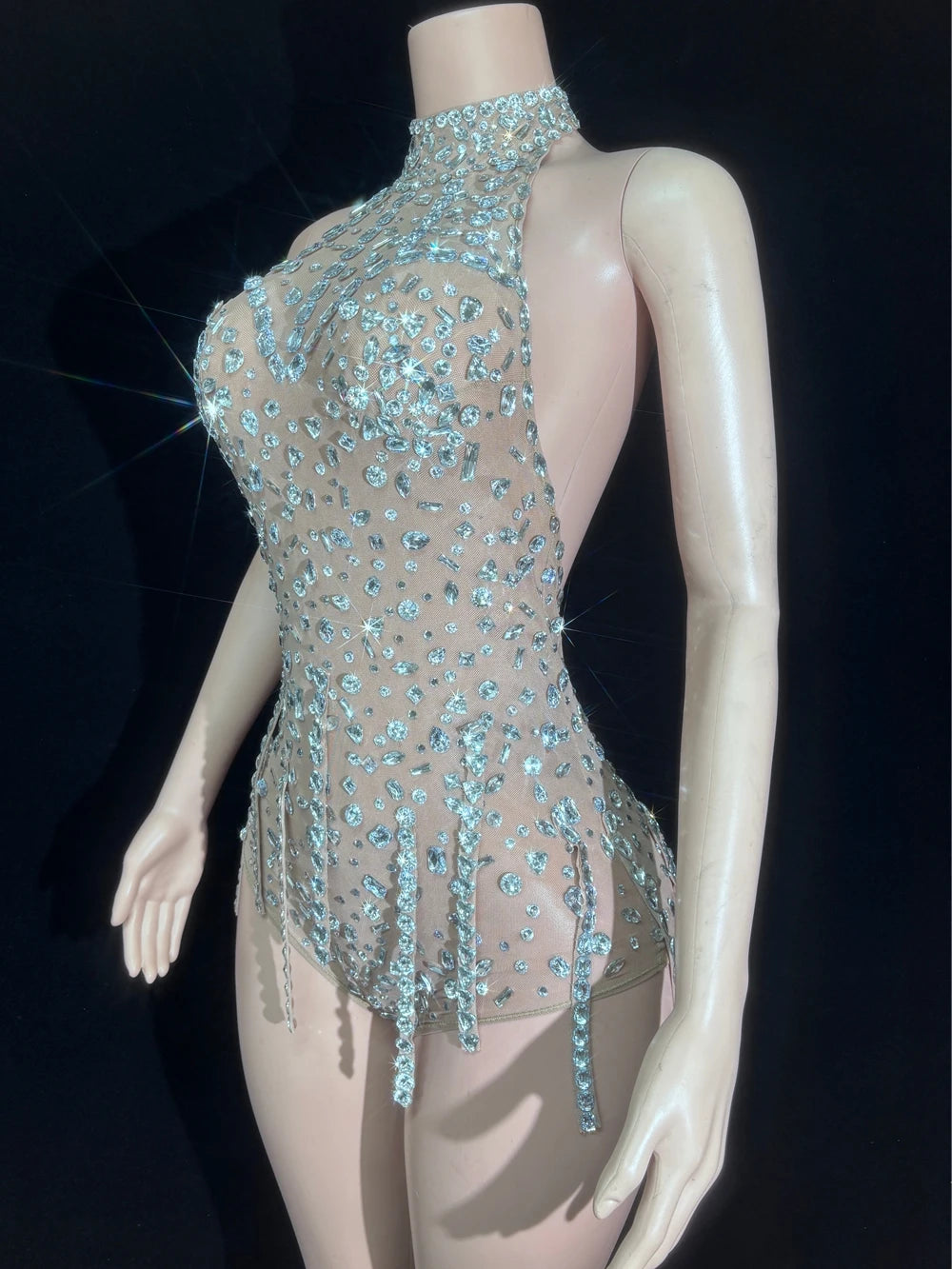 Silver Crystal Halter Illusion Bodysuit Sparkly Backless Rhinestone Stage Leotard