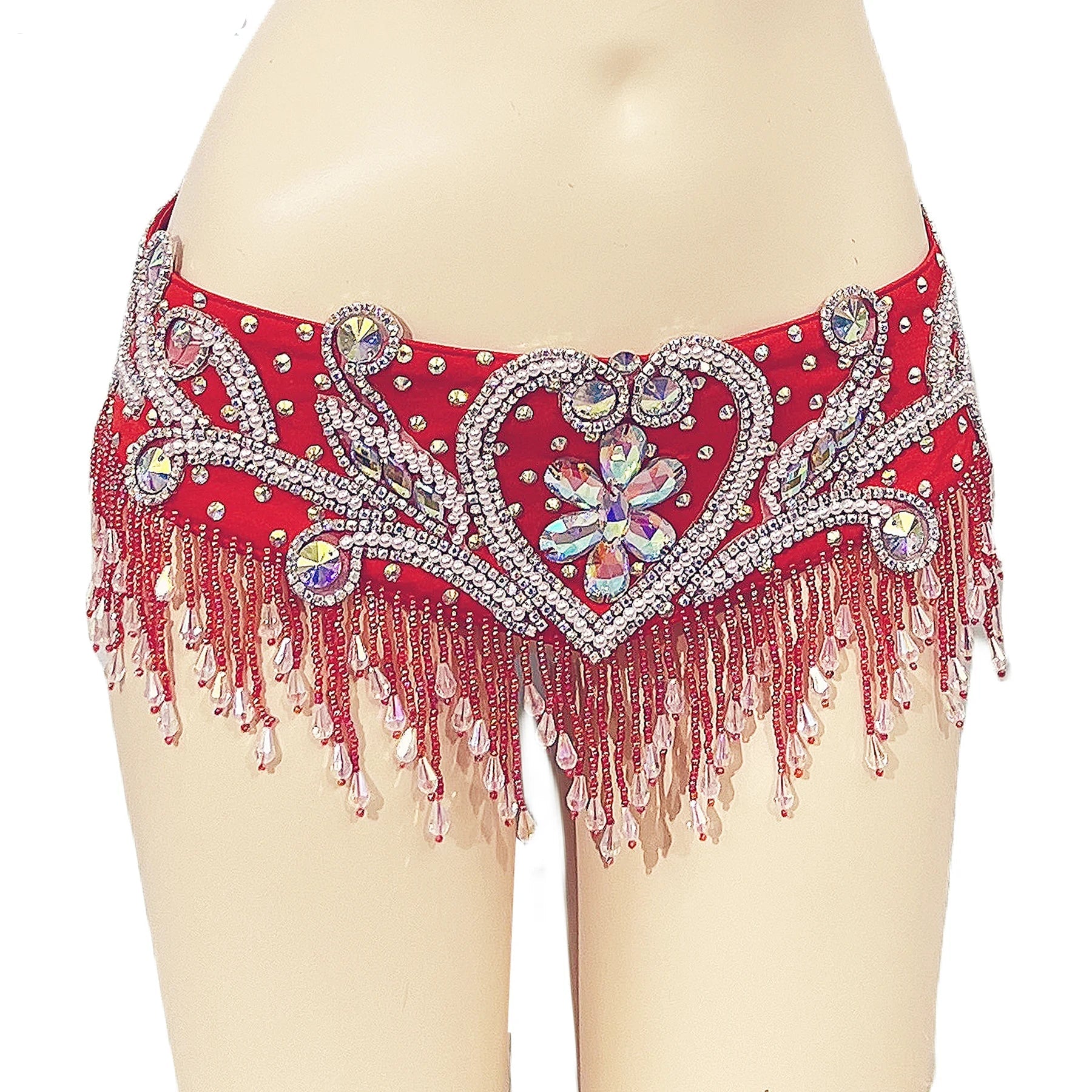 Sparkly Beaded Belly Dance Bra & Fringe Hip Belt Two-Piece Stage Costume Set