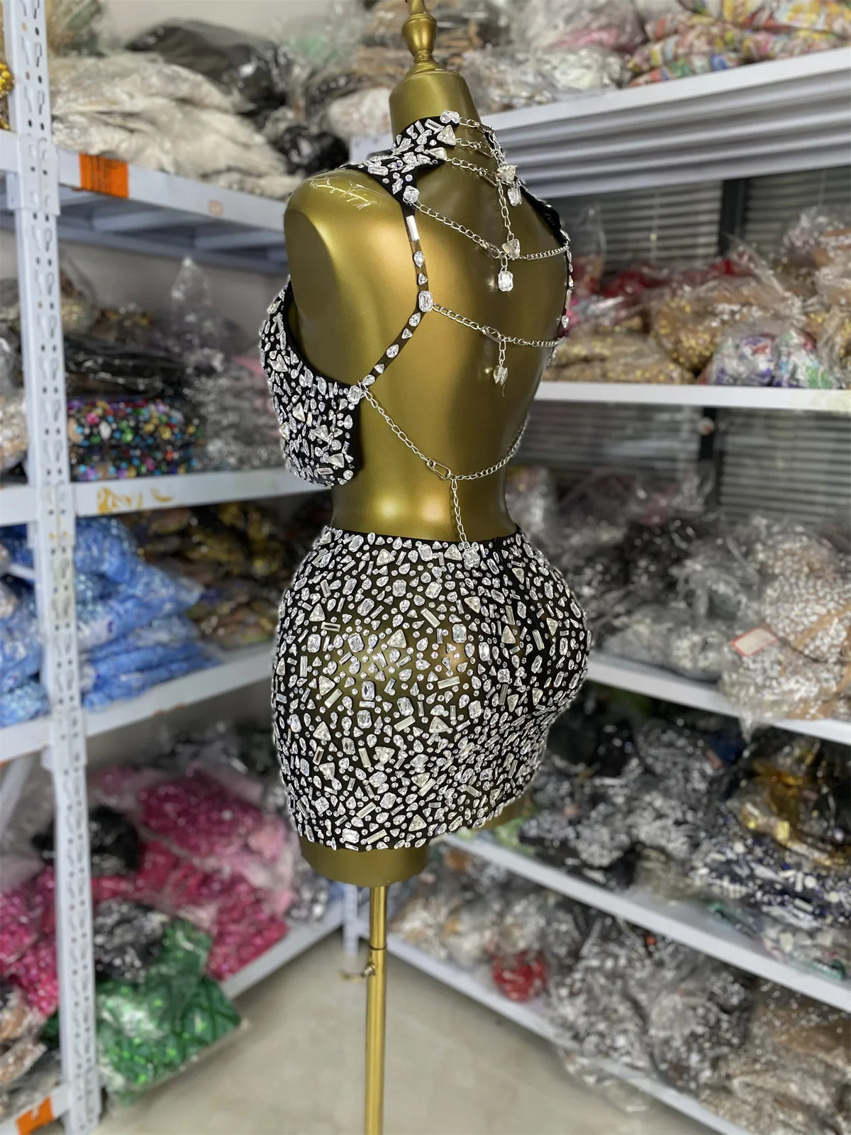 Vintage-Inspired Sparkly Rhinestones Two-Piece Backless Top And Mini Skirt Set