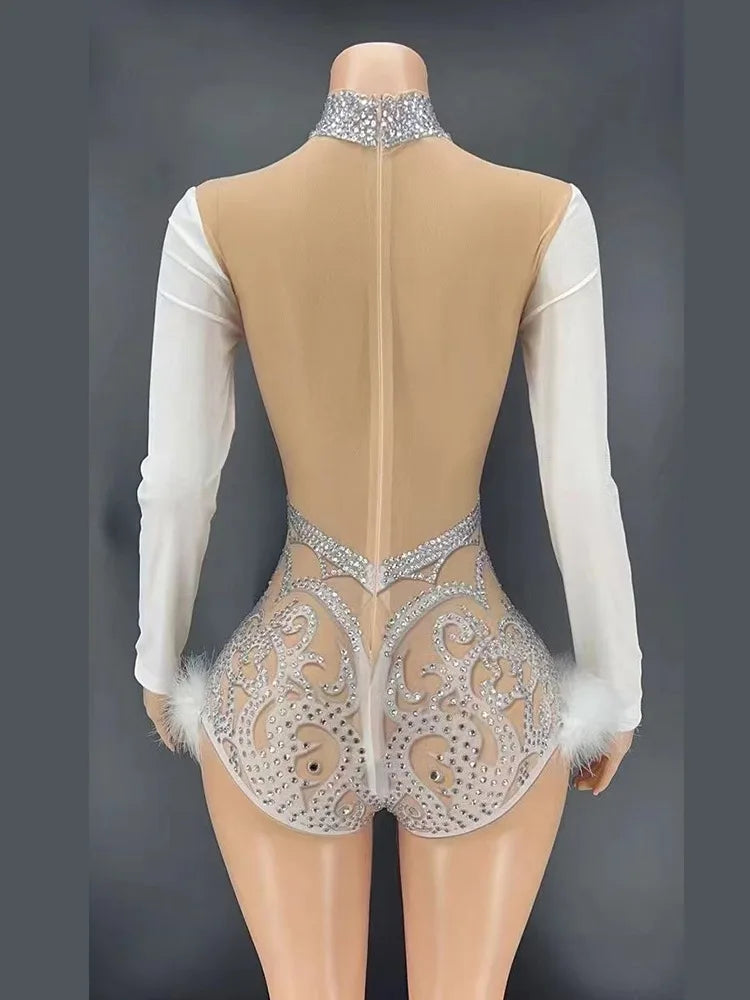 Rhinestone Feather Sheer Performance Bodysuit