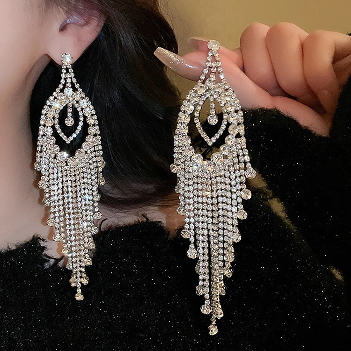 Teardrop Rhinestone Tassel Drop Earrings