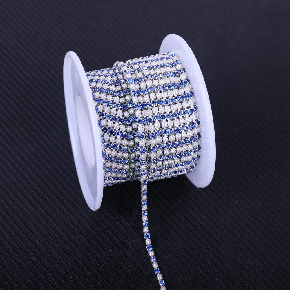 The Stardust Pearl Stream – Premium Silver Base Glass Rhinestone & ABS Pearl Cup Chain Trim