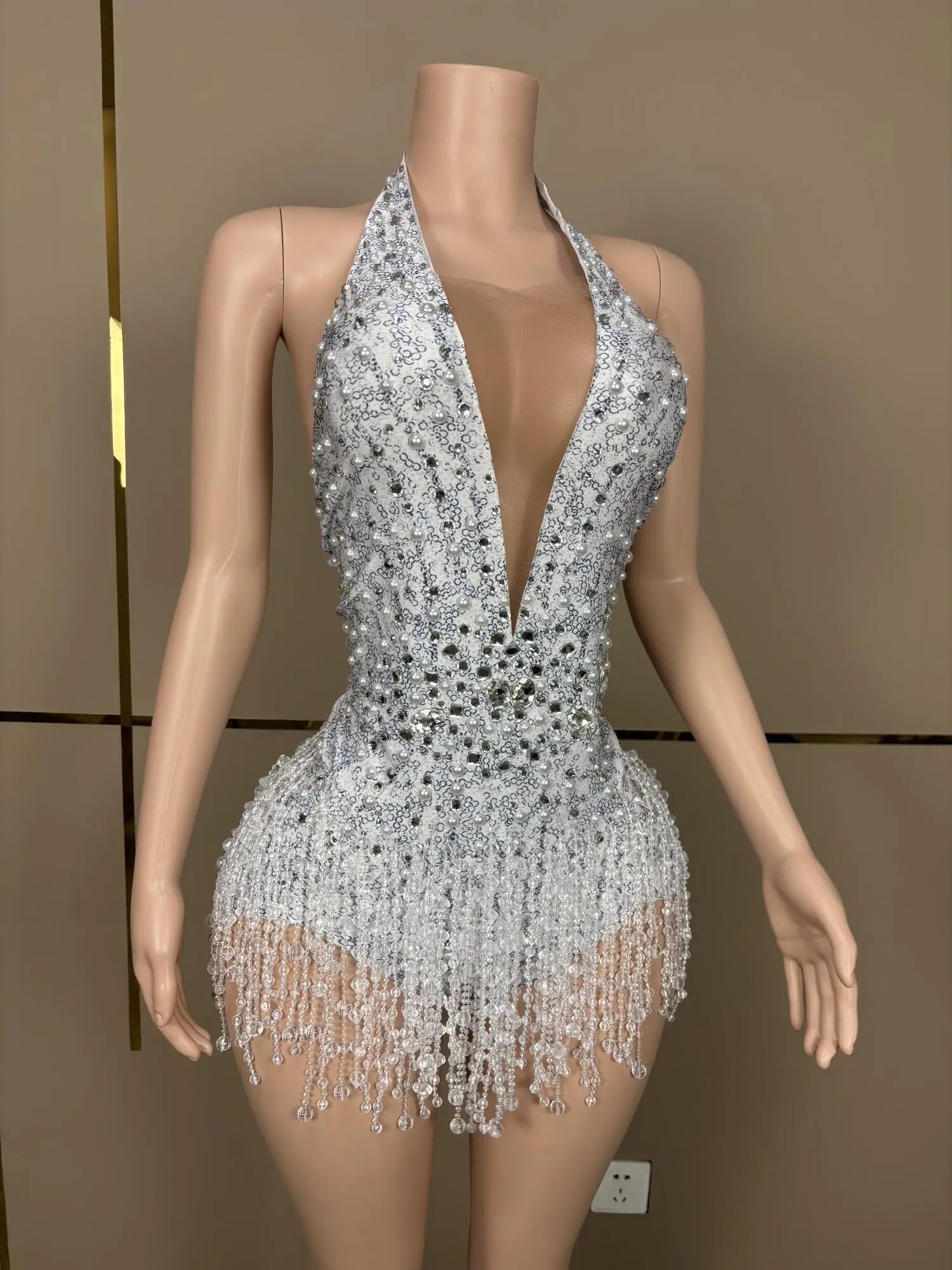 Crystal Rhinestone Fringe Sleeveless Bodysuit & Aerial Dance Leotard Costume