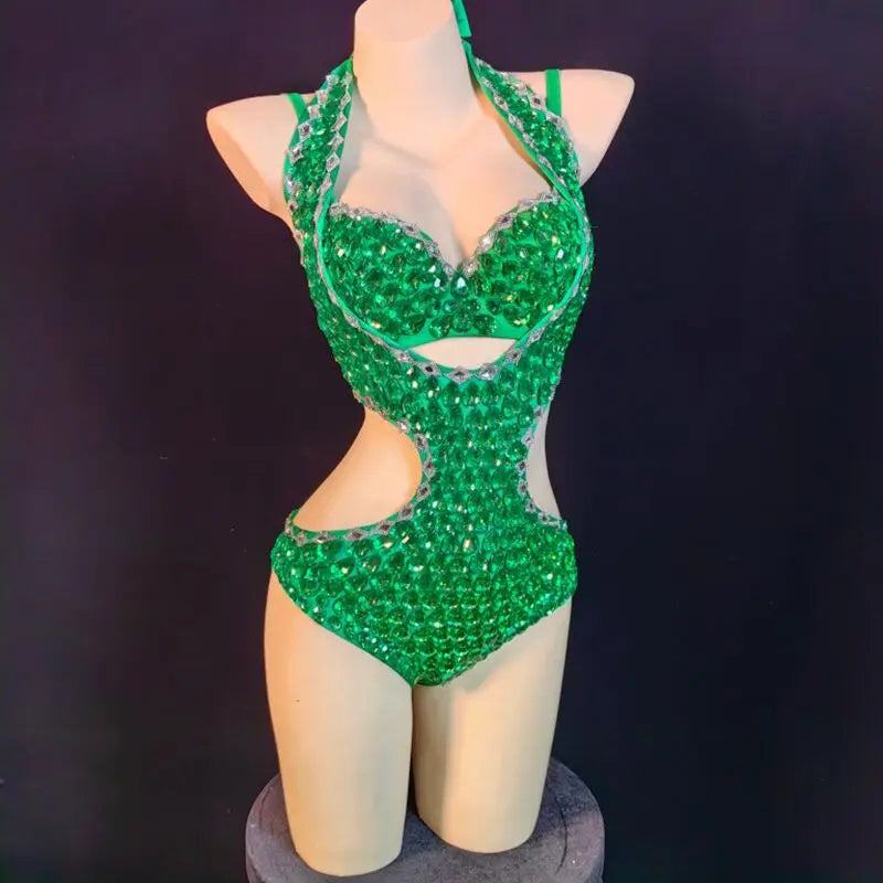 Luxury Rhinestone & Crystal Beaded Halter Bikini Stage Bodysuit
