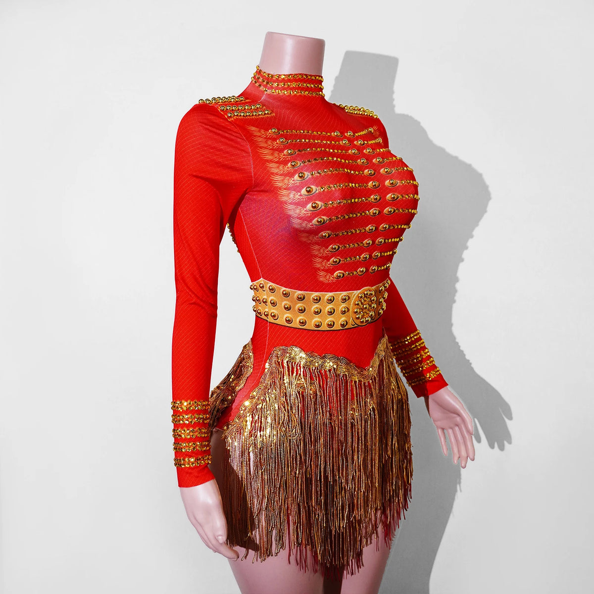 Red Ringmaster Circus Costume for Women | Gold Fringe Leotard for Stage & Dance