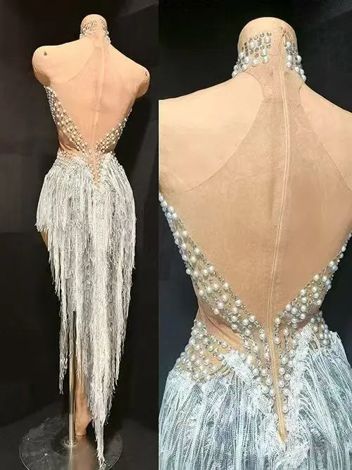 Sparkly Rhinestone, Pearl & Tassel Transparent Performance Dress Stage Costume