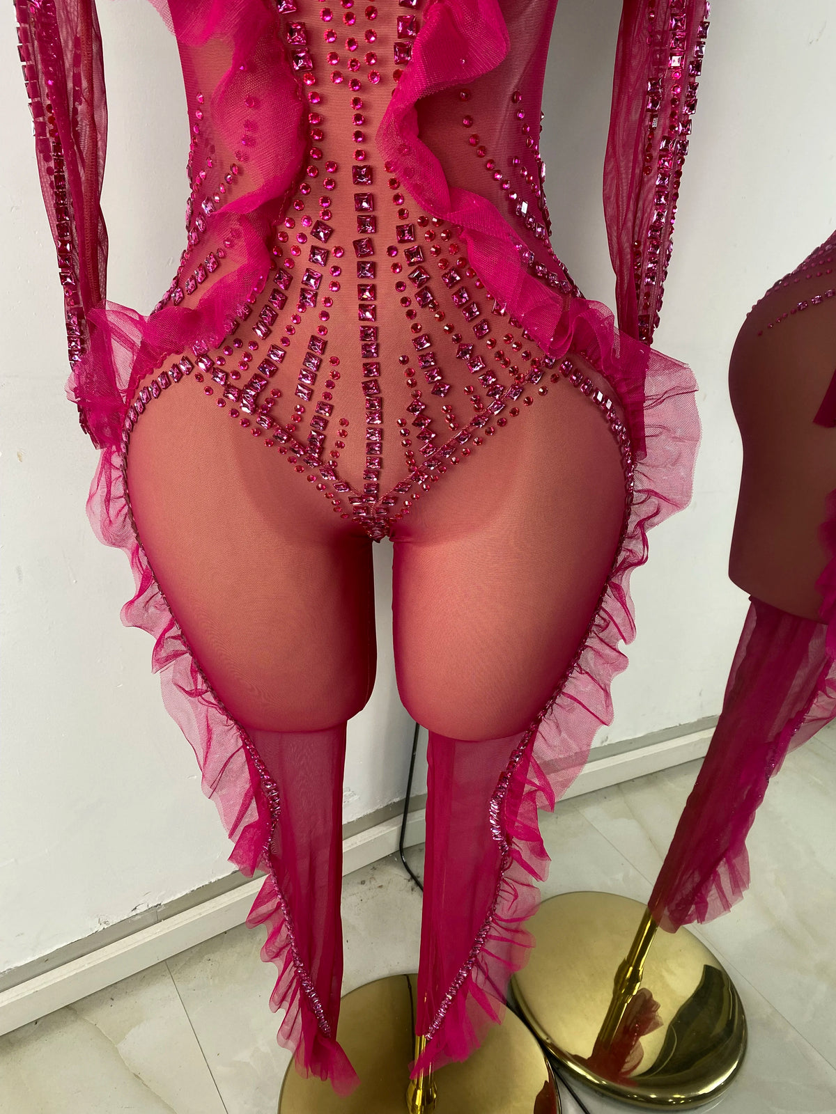 Sparkly Diamonds Women Long Sleeve See Through Mesh Tight Jumpsuit Costume Nightclub Dancer Outfit Performance Stage Wear