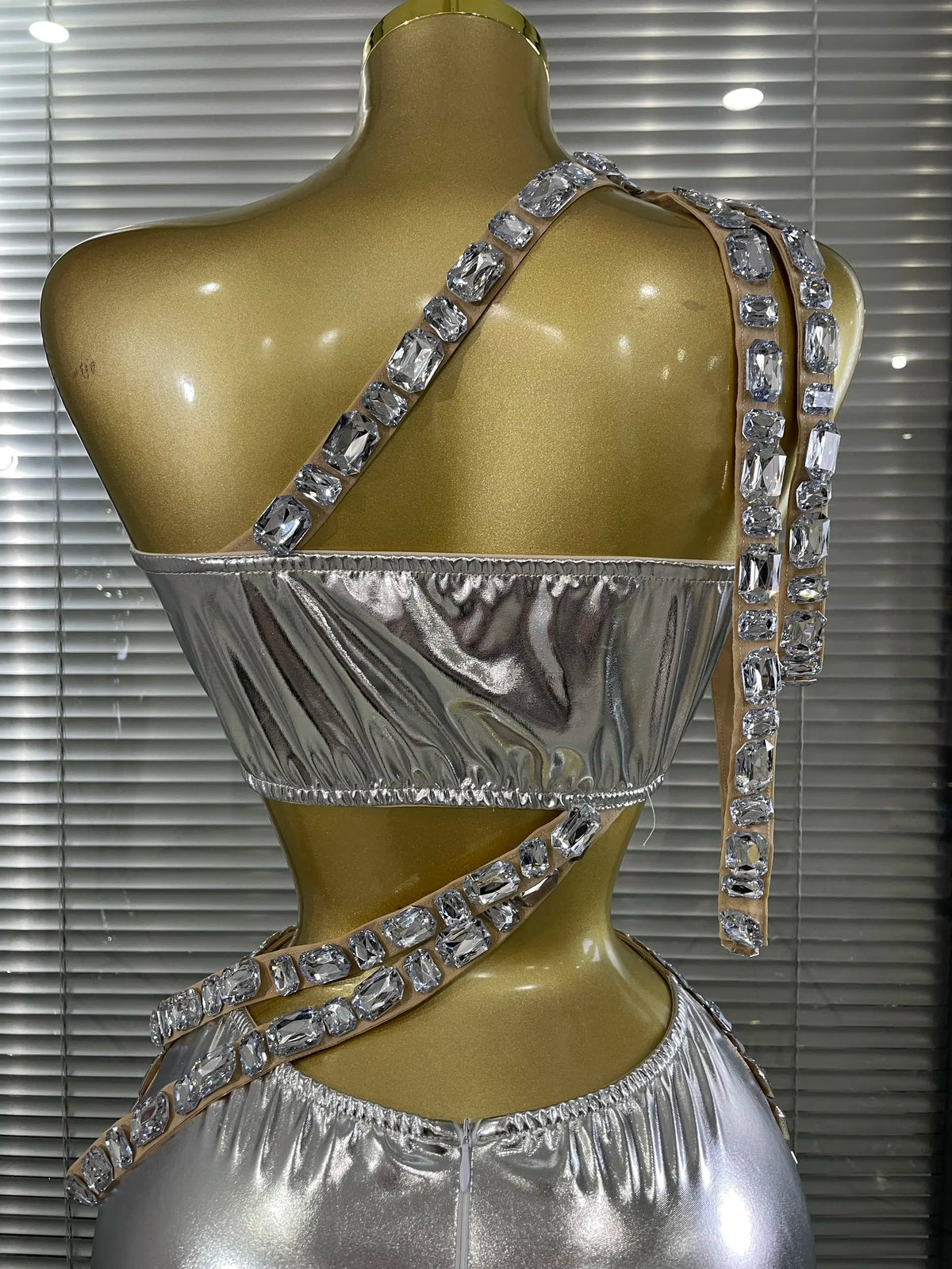 Silver Crystal Perspective Two Pieces Costume Set Performance Dancer Singer Nightclub Women's Outfit
