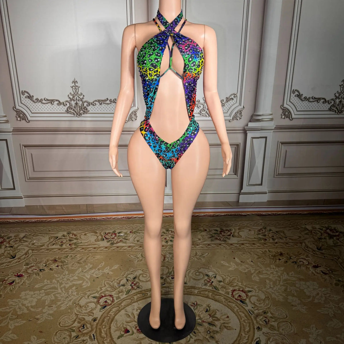 Women's Leopard Print Rhinestone One-Piece Swimsuit | Halter Neck Waterdrop Bead Cutout Swimwear