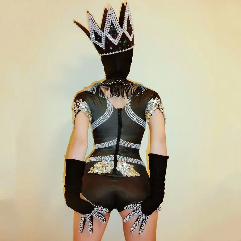 Pearl Rhinestone Bodysuit, Beaded Headpiece & Gloves 3-Piece Stage Costume Set
