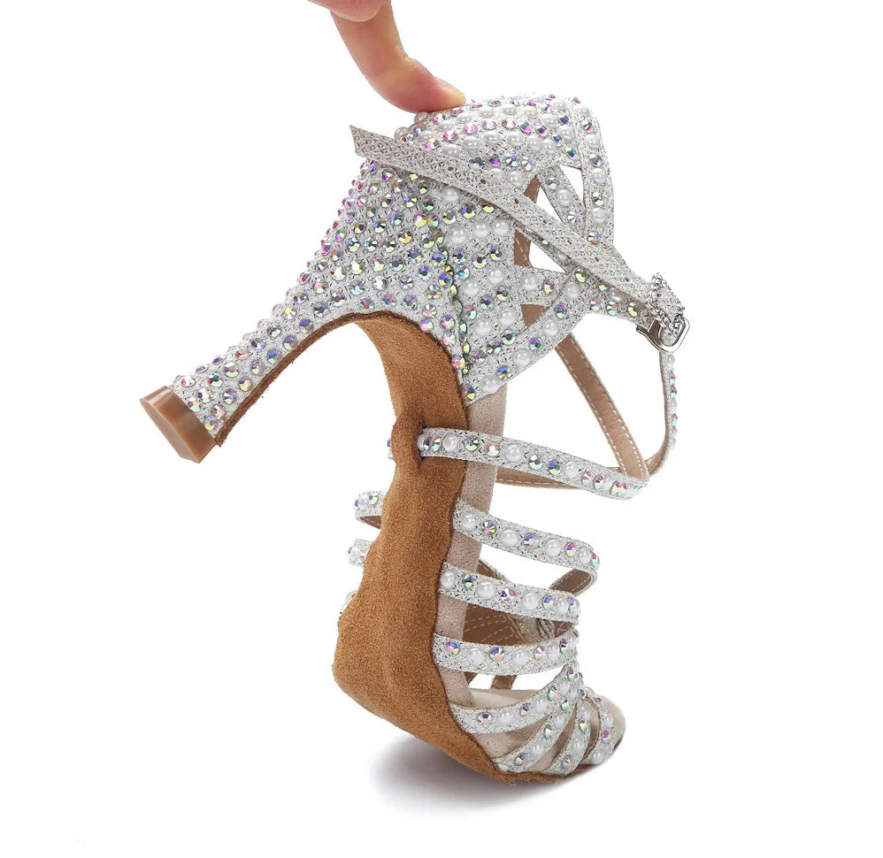 Sparkly AB Rhinestone Latin Dance Shoes Soft Bottom Ballroom Competition Heels
