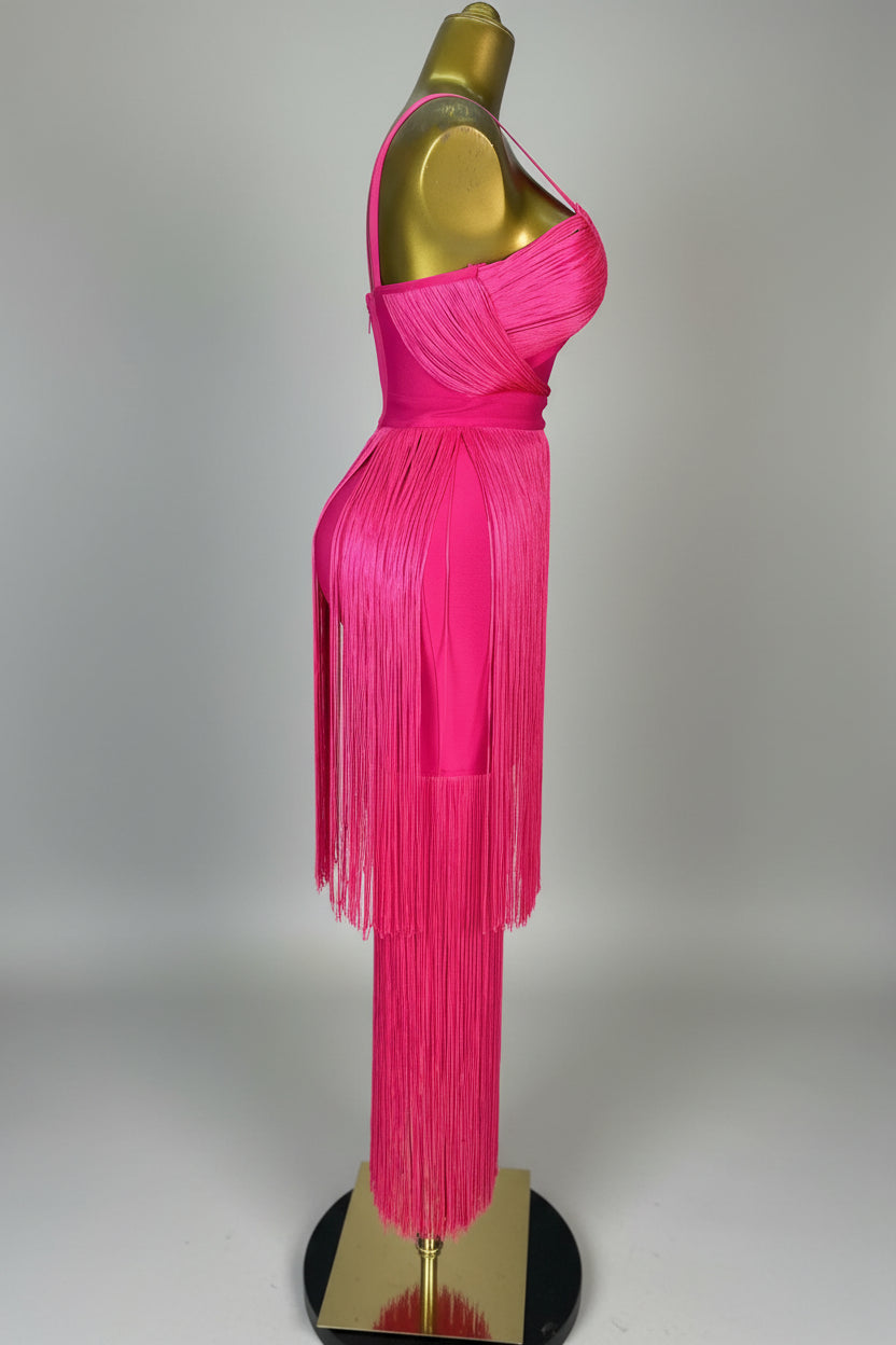 Hot Pink Asymmetrical Fringe Bandage Midi Dress & One-Shoulder Gala Party Dress