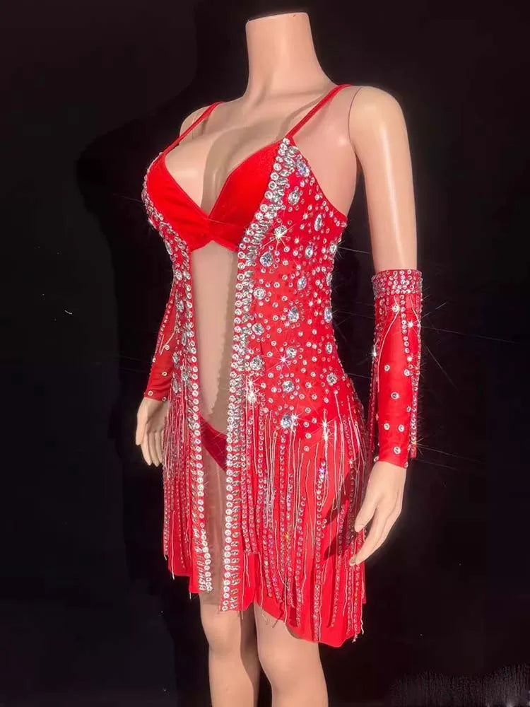Women's Hot Stamping Fringe Suspender Jumpsuit | Sexy Stage Costume in Red & Black