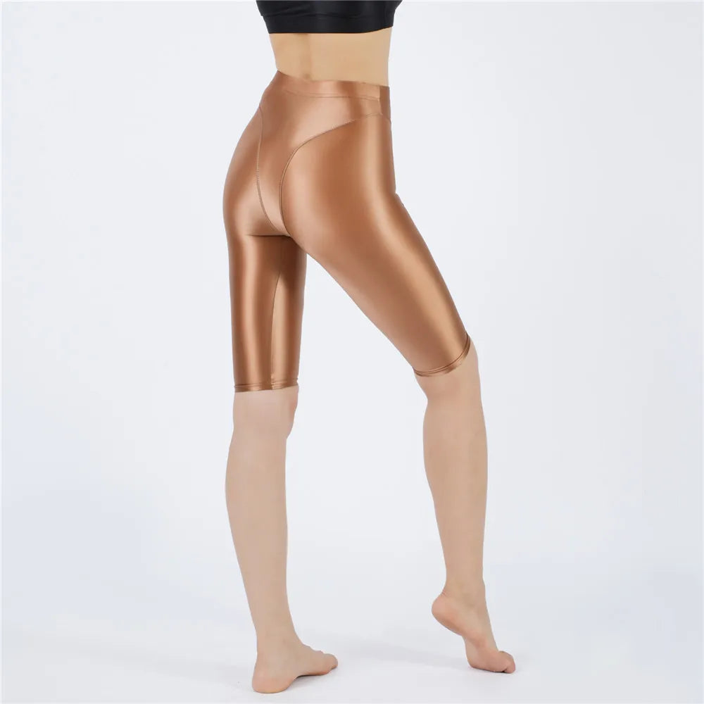 Oil Glossy High-Stretch Knee-Length Shorts Satin Shine Performance Biker Shorts