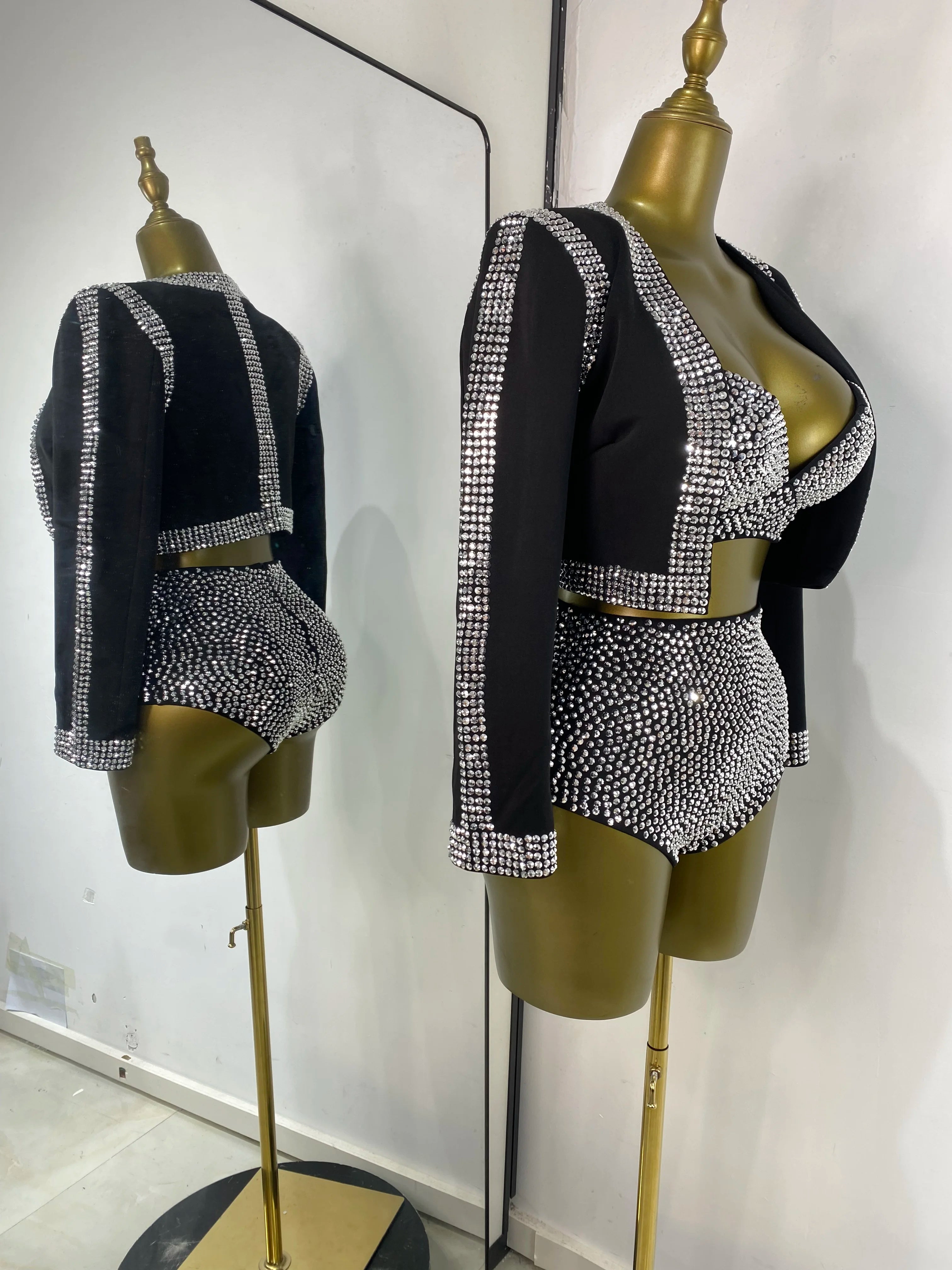 Rhinestone Bustier, High-Waist Mini Shorts & Cropped Jacket 3-Piece Performance Costume Set